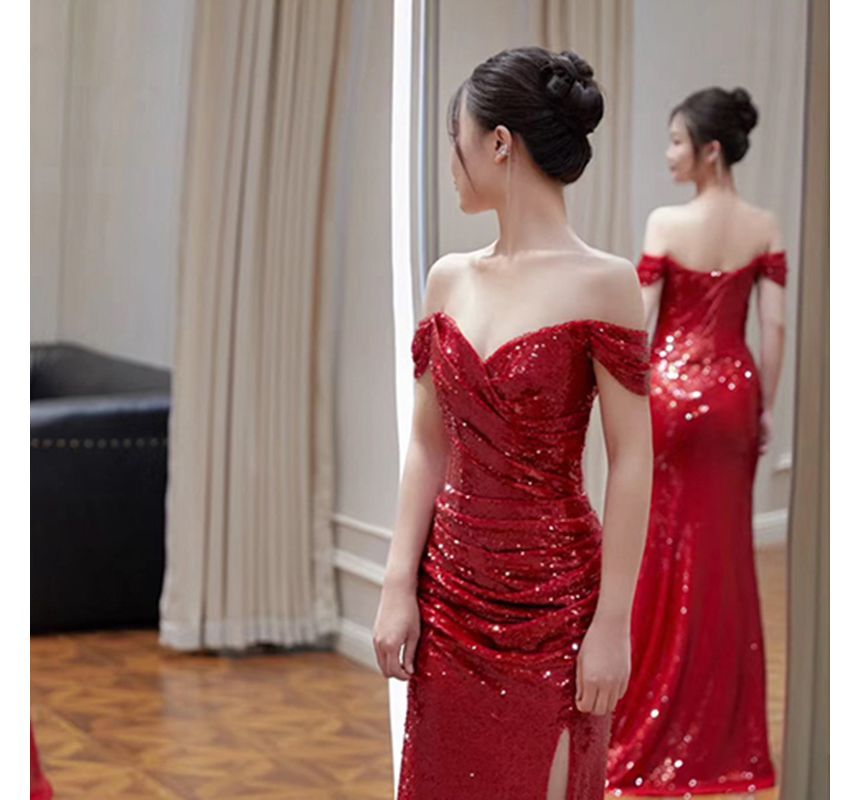 Off-Shoulder Sequin Side-Slit Trumpet Evening Gown