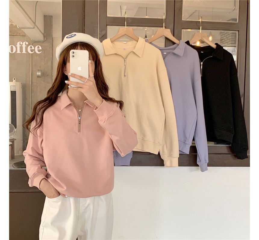 Plain Sweatshirt Polo-Neck Long-Sleeve Half-Zip