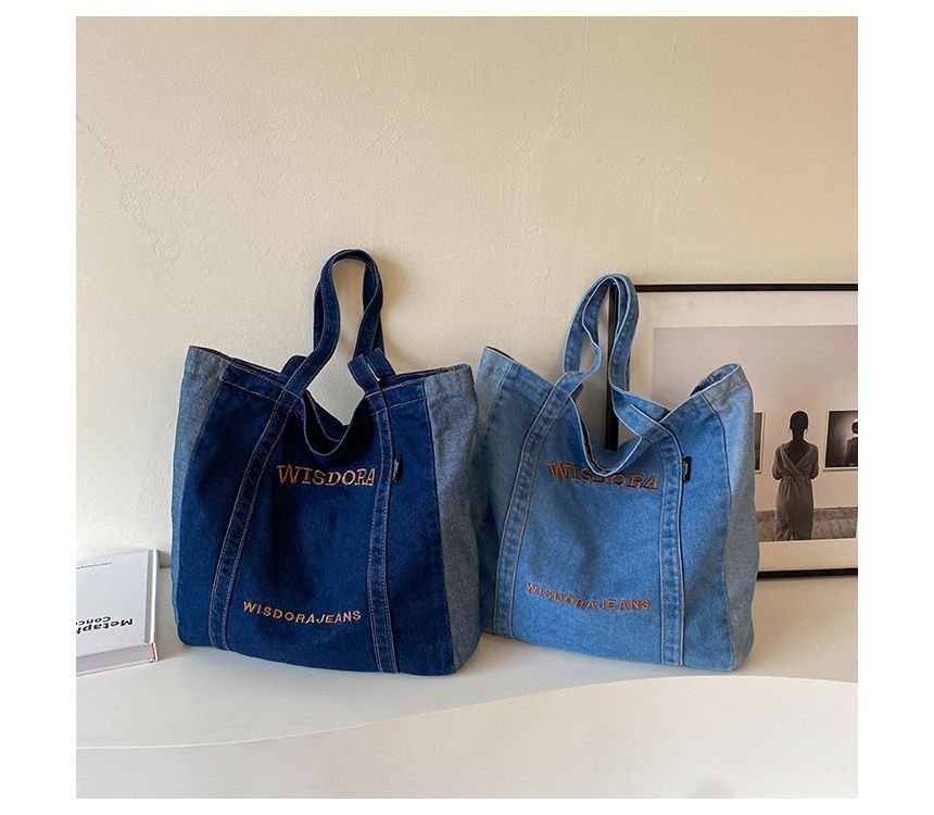 Lettering Embroidered Washed Denim Tote Bag