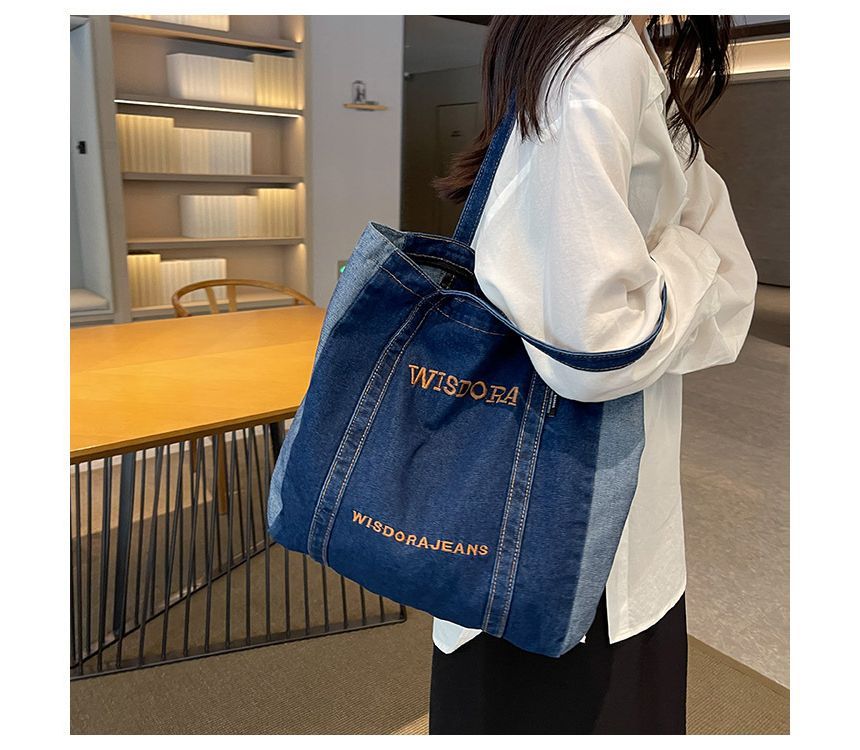 Lettering Embroidered Washed Denim Tote Bag