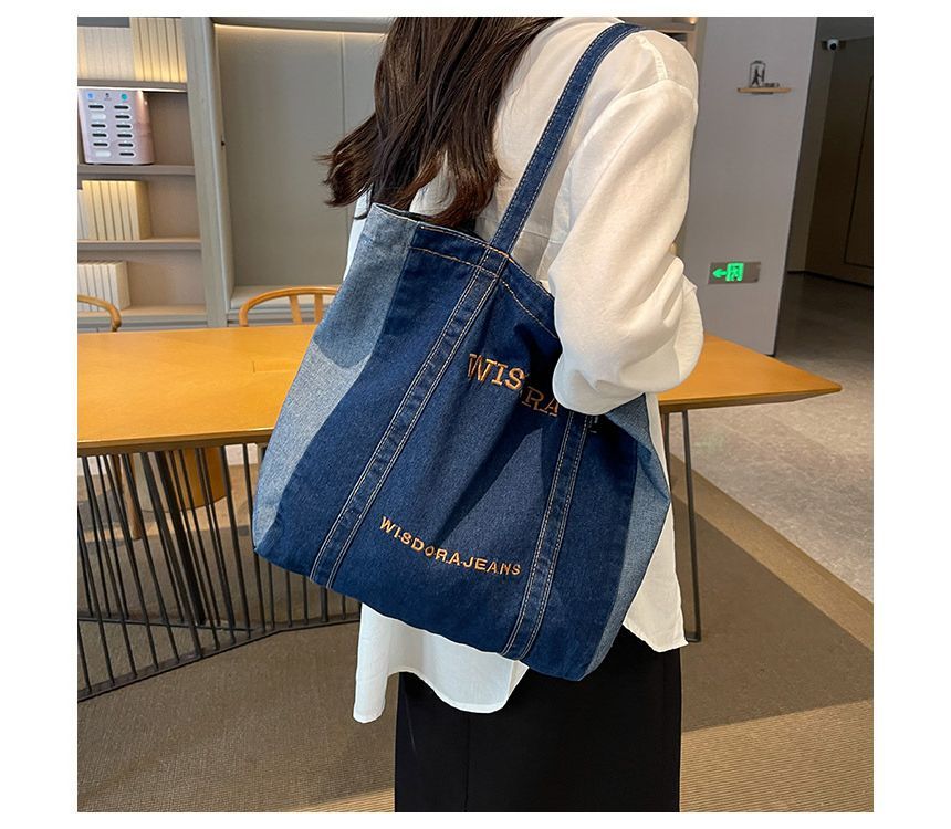 Lettering Embroidered Washed Denim Tote Bag