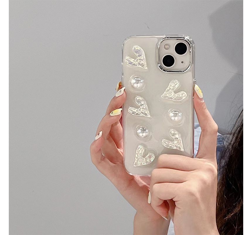 Heart Faux Pearl Phone Case - iPhone 14 Pro Max / 14 Pro / 14 Max / 14 / 13 Pro Max / 13 Pro / 13 / 13 mini / 12 Pro Max / 12 Pro / 12 / 12 mini / 11 Pro Max / 11 Pro / 11 / SE / XS Max / XS / XR / X / 8 / 8 Plus / 7 / 7 Plus