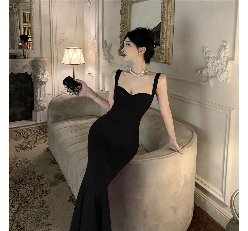 Plain Maxi Mermaid Dress with Spaghetti Straps