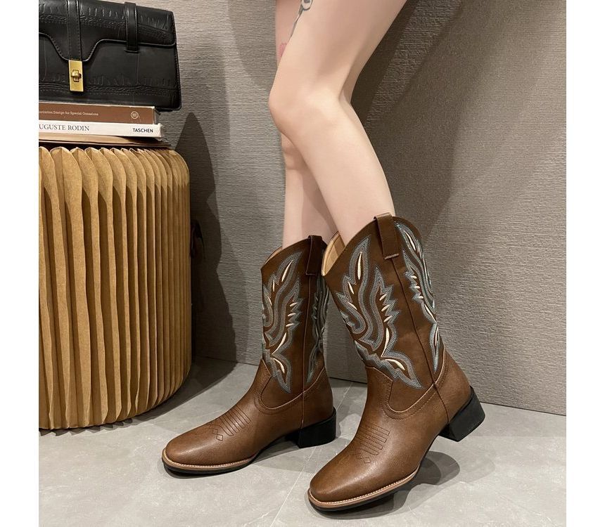 Heel Boots Chunky Cowboy Embroidered