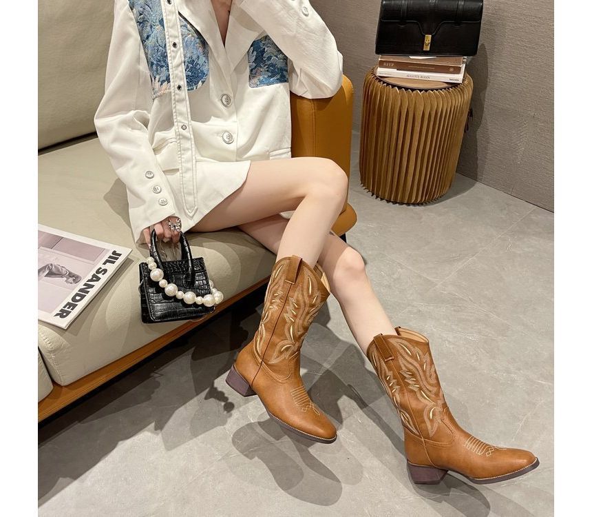 Heel Boots Chunky Cowboy Embroidered