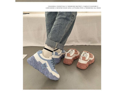 Two Tone Applique Lace-Up Platform Sneakers