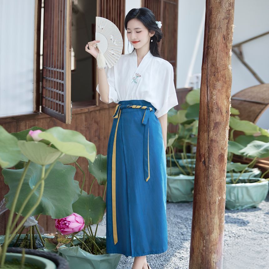 Elbow-Sleeve V-Neck Embroidered Blouse / High Rise Midi Skirt