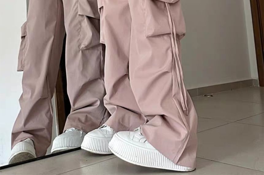 Mid Rise Plain Drawstring Cargo Baggy Pants