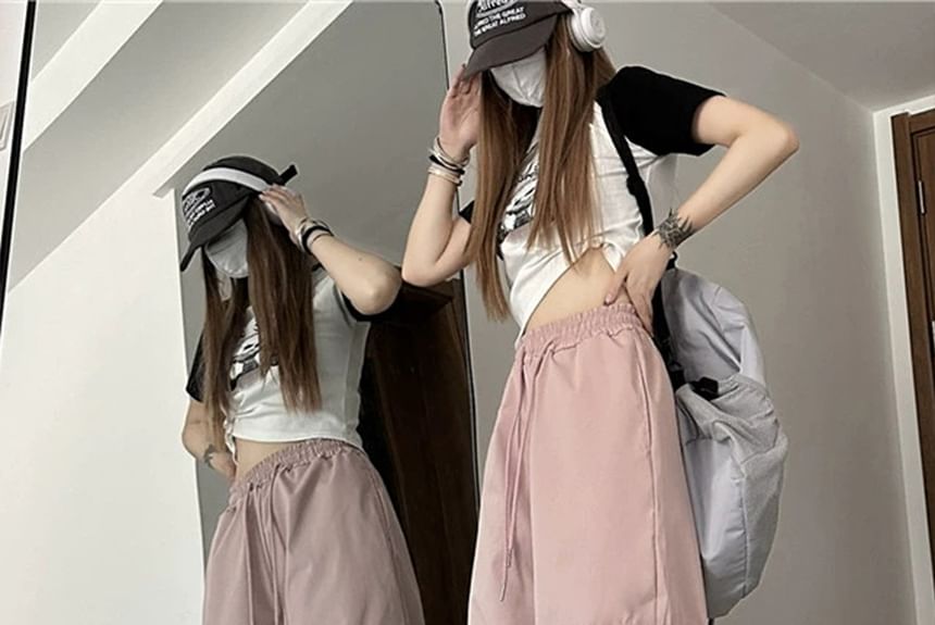 Mid Rise Plain Drawstring Cargo Baggy Pants