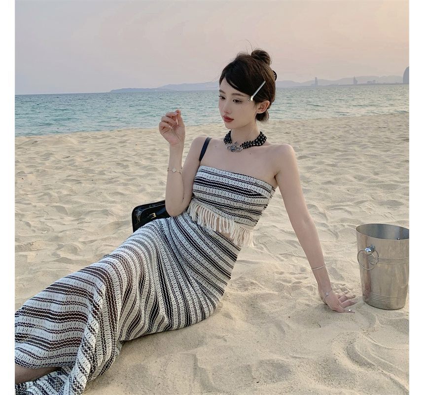 Set: Striped Tube Top + Mid Waist Maxi Pencil Skirt