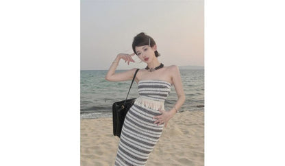 Set: Striped Tube Top + Mid Waist Maxi Pencil Skirt