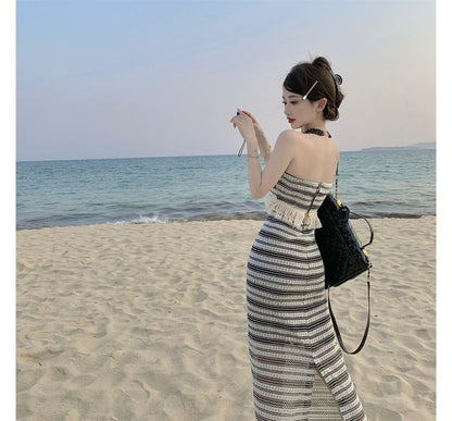 Set: Striped Tube Top + Mid Waist Maxi Pencil Skirt