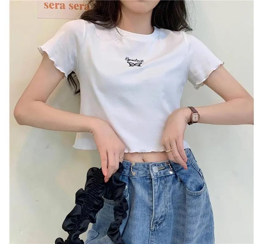 Short-Sleeve Edge Lettuce Embroidered Butterfly Neck T-Shirt Crop Crew