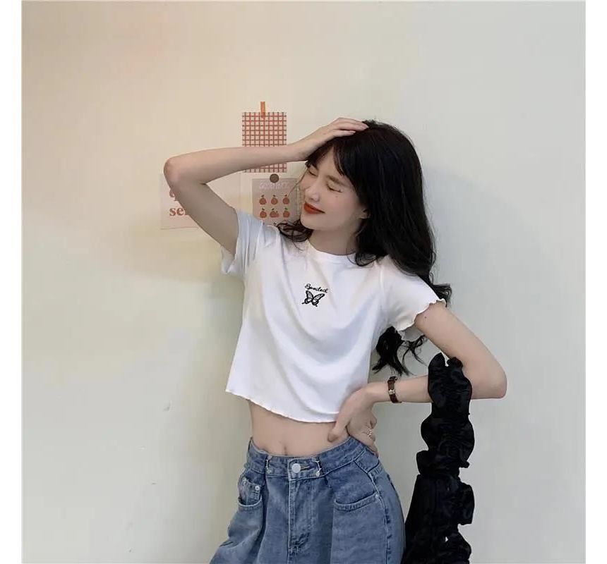 Short-Sleeve Edge Lettuce Embroidered Butterfly Neck T-Shirt Crop Crew