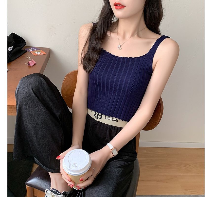 Square Tank Neck Top Ribbed Plain Crop Knit