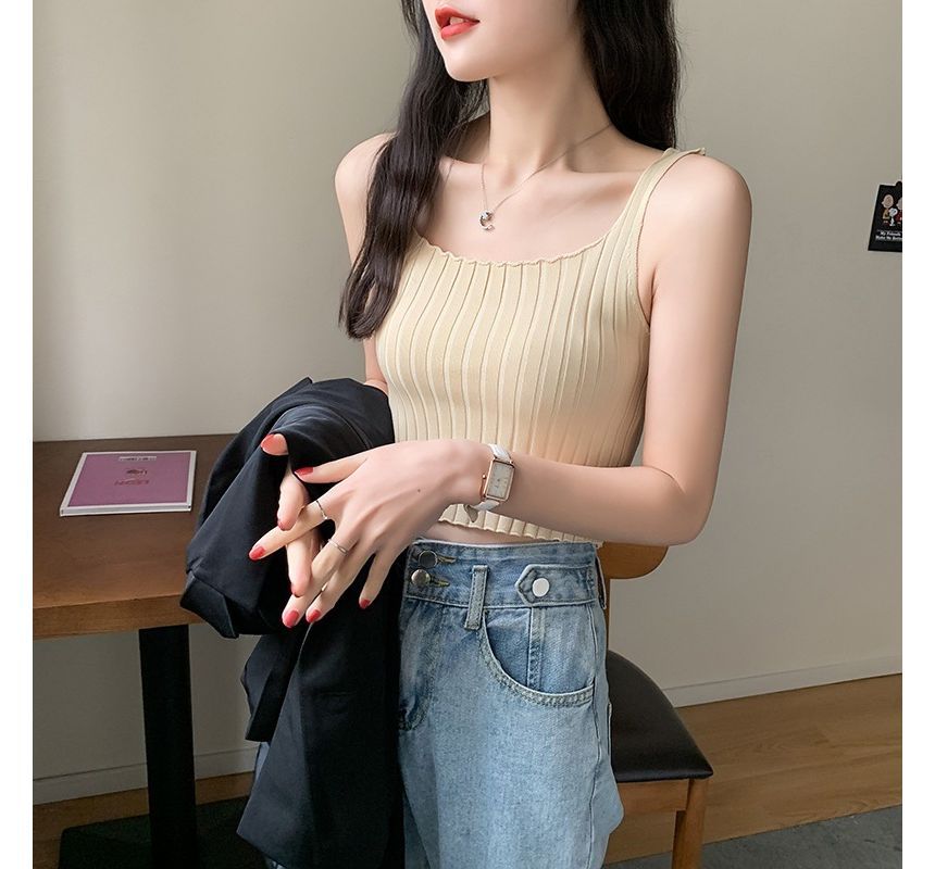 Square Tank Neck Top Ribbed Plain Crop Knit