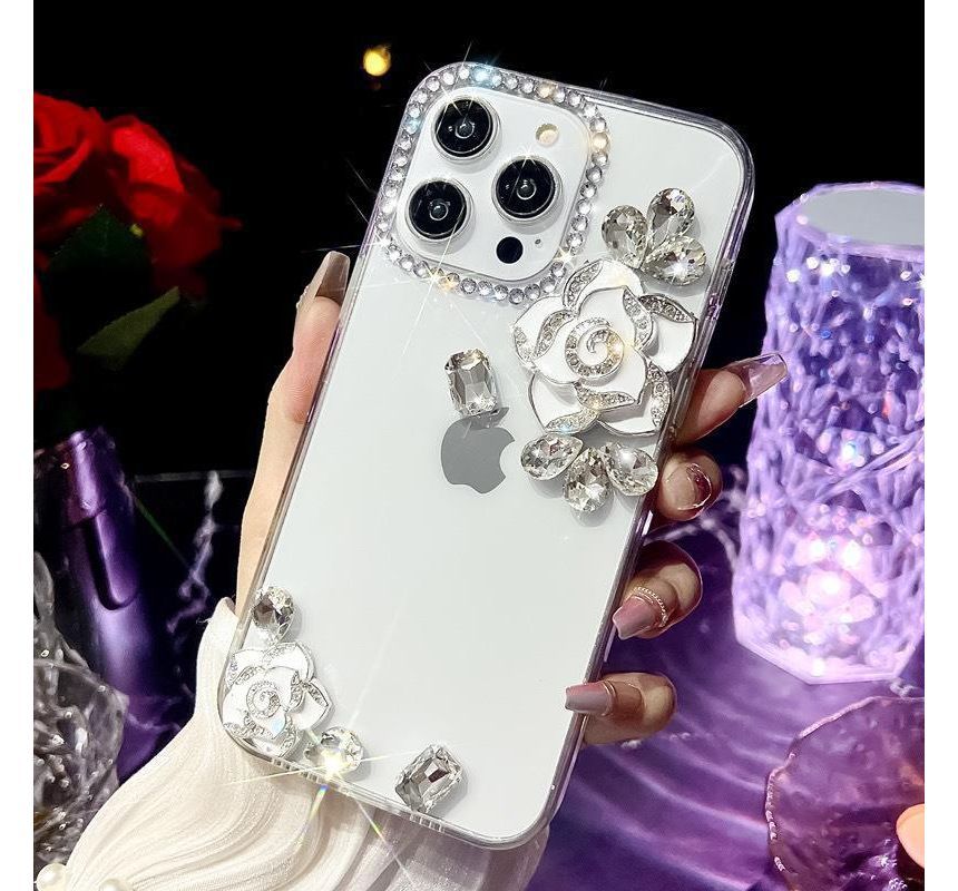 Case Transparent Rhinestone Floral Phone