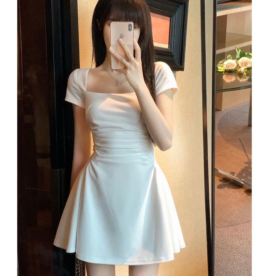 Short-Sleeve Square Neck Plain Ruched Mini A-Line Dress