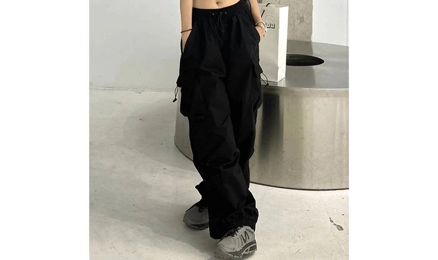 High Waist Plain Drawstring Cargo Baggy Pants