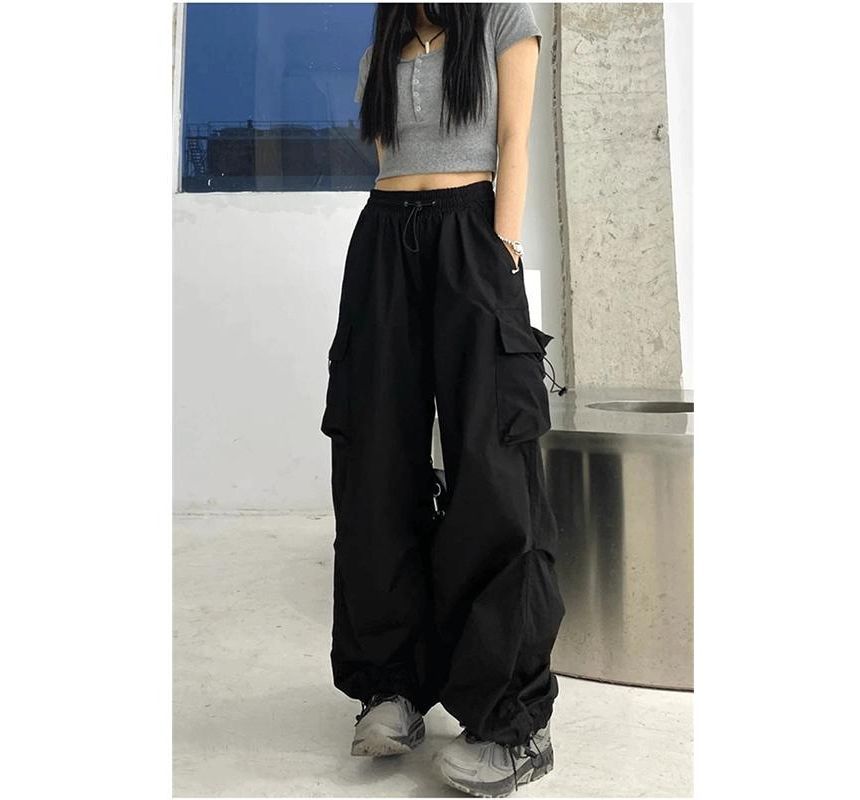 High Waist Plain Drawstring Cargo Baggy Pants