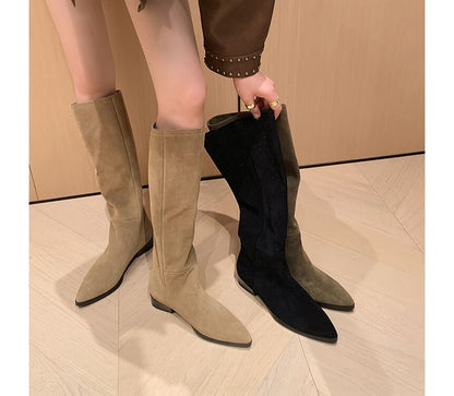 Block Heel Pointed Toe Genuine Leather Tall Boots