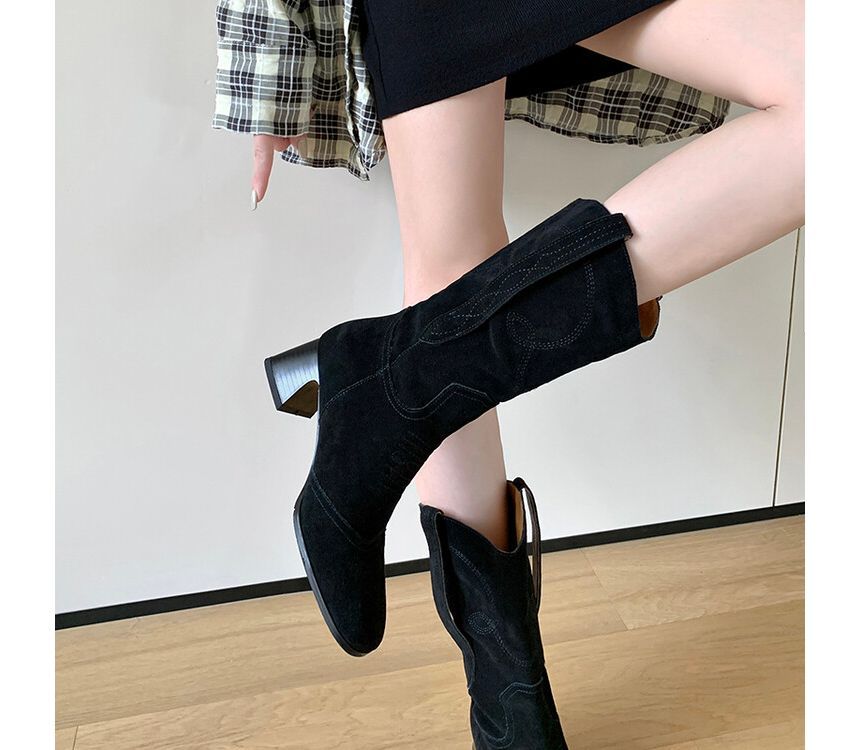 Block Heel Pointed Toe Embroidered Genuine Leather Mid-Calf Boots