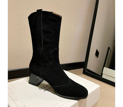 Block Heel Pointed Toe Embroidered Genuine Leather Mid-Calf Boots