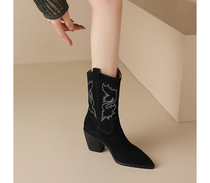 Block Heel Pointed Toe Genuine Leather Embroidered Mid-Calf Cowboy Boots