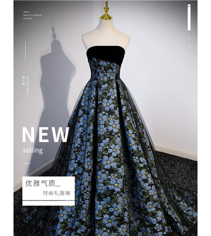 Floral Print Panel Mesh A-Line Tube Evening Gown