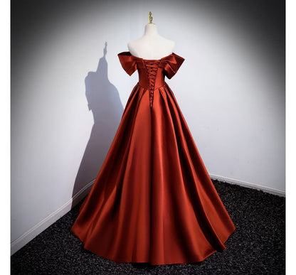 Short-Sleeve Off Shoulder Plain Pleated Satin A-Line Evening Gown