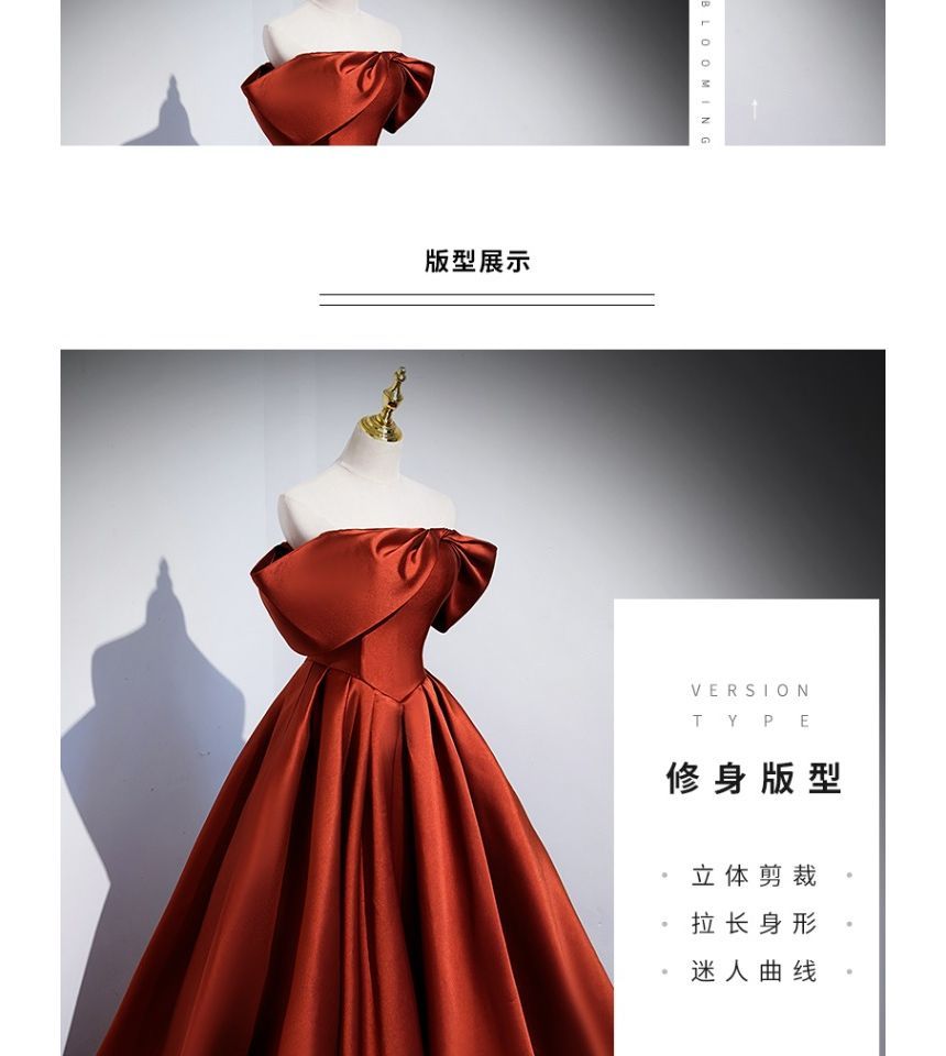 Short-Sleeve Off Shoulder Plain Pleated Satin A-Line Evening Gown