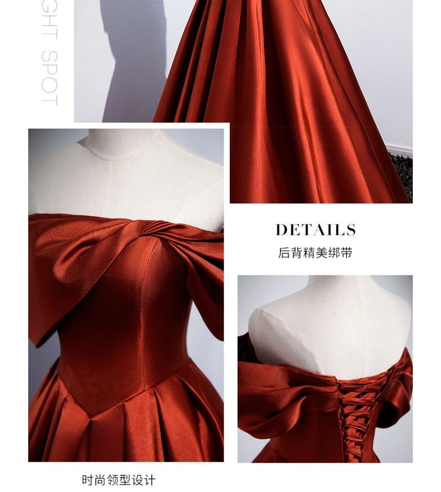 Short-Sleeve Off Shoulder Plain Pleated Satin A-Line Evening Gown