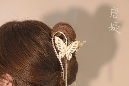 Faux Pearl Butterfly Fringed Hair Claw