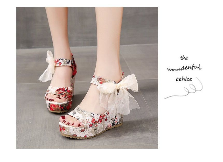 Wedge Floral Bow Heel Platform Sandals