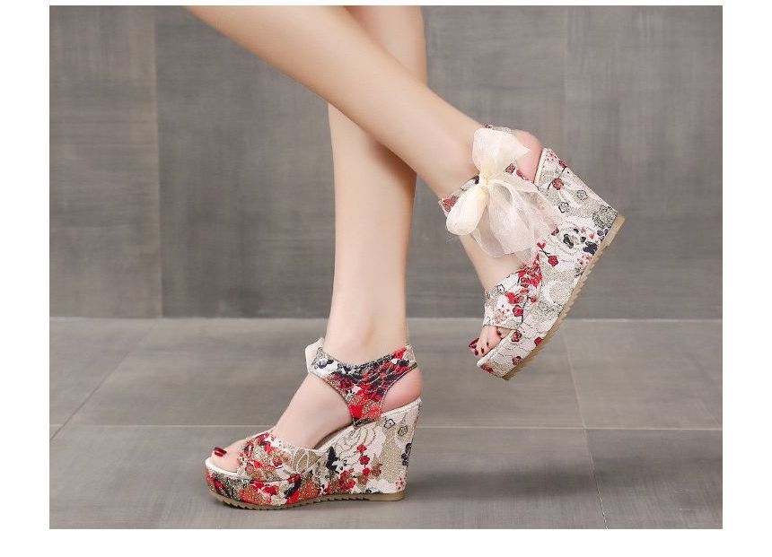 Wedge Floral Bow Heel Platform Sandals