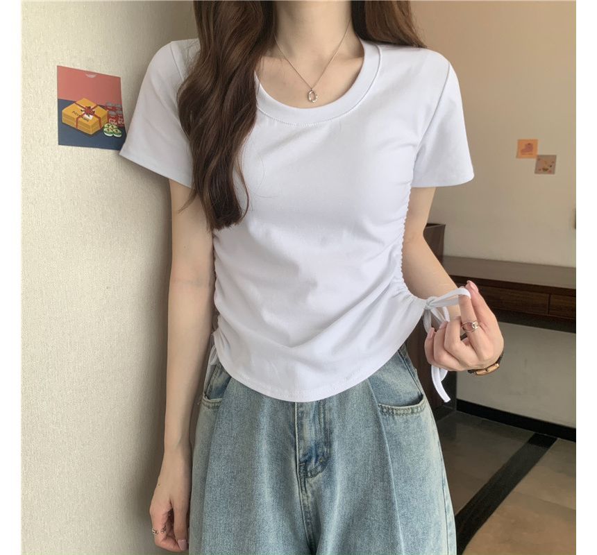 Tee Plain Drawstring Crew Short-Sleeve Neck