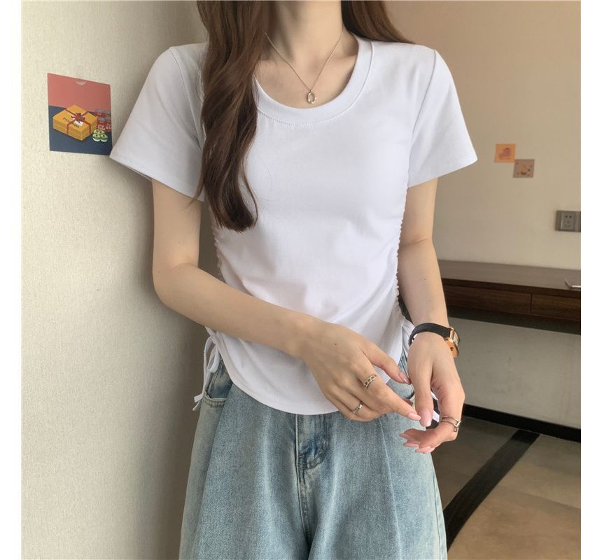 Tee Plain Drawstring Crew Short-Sleeve Neck