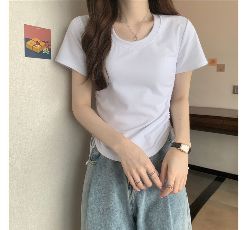 Tee Plain Drawstring Crew Short-Sleeve Neck