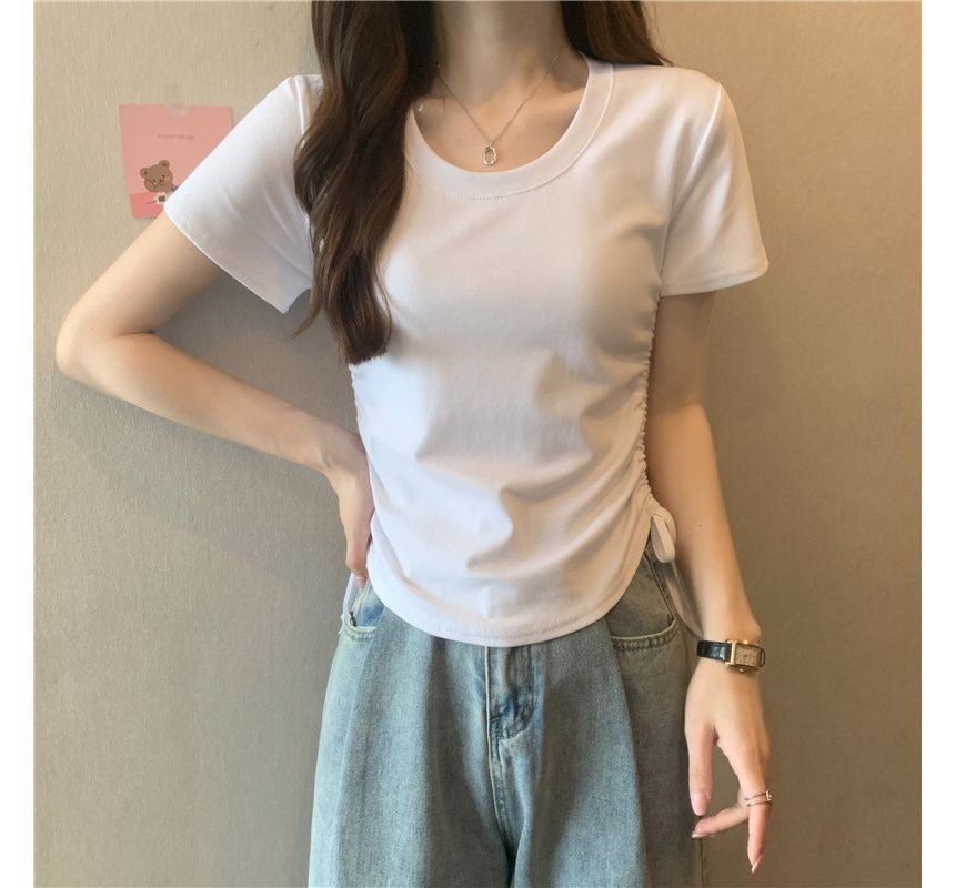 Tee Plain Drawstring Crew Short-Sleeve Neck