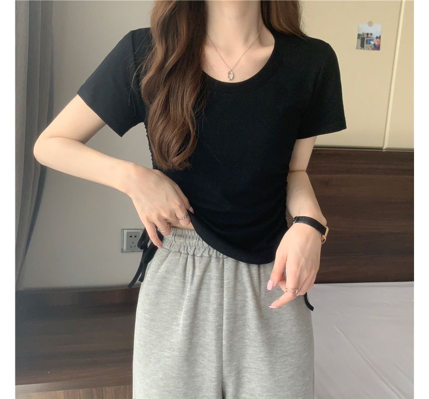 Tee Plain Drawstring Crew Short-Sleeve Neck