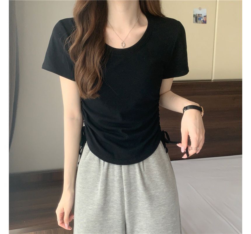 Tee Plain Drawstring Crew Short-Sleeve Neck