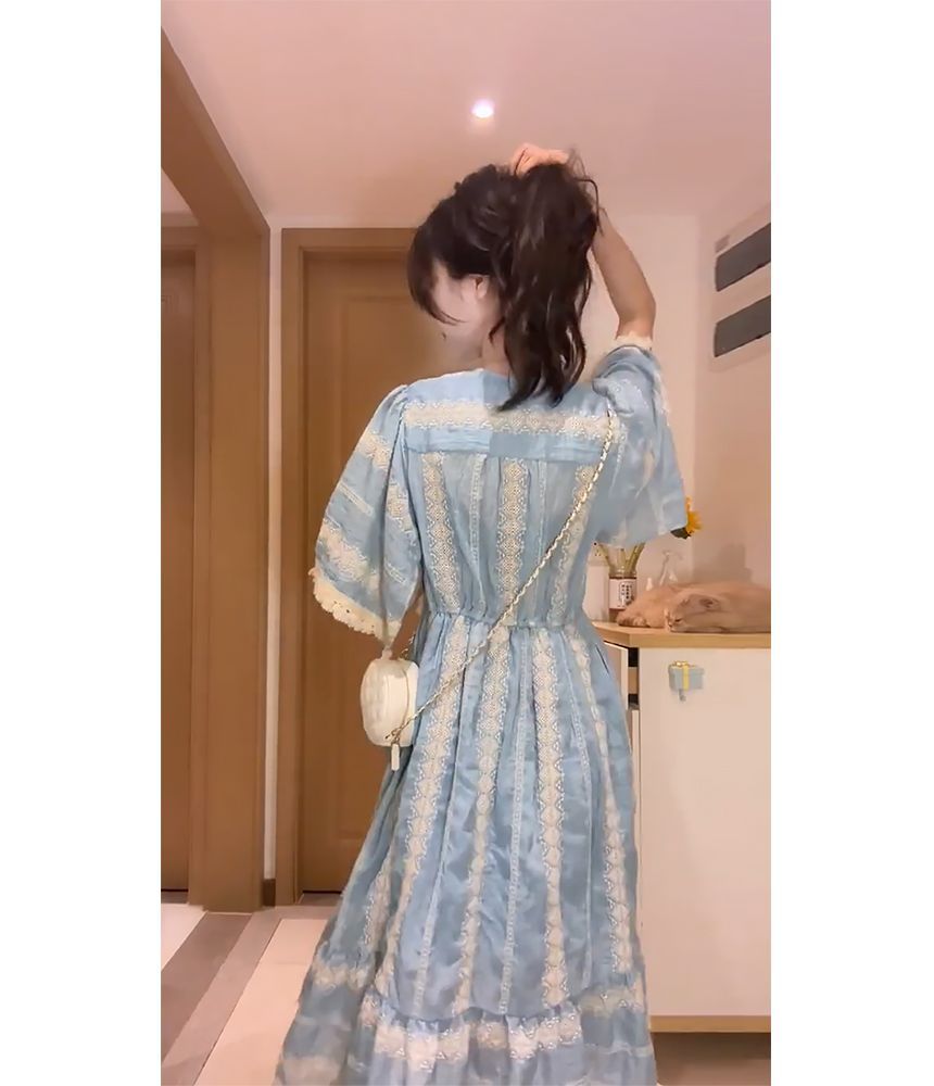 A-Line V-Neck Embroidered Midi Panel Dress Elbow-Sleeve Tassel