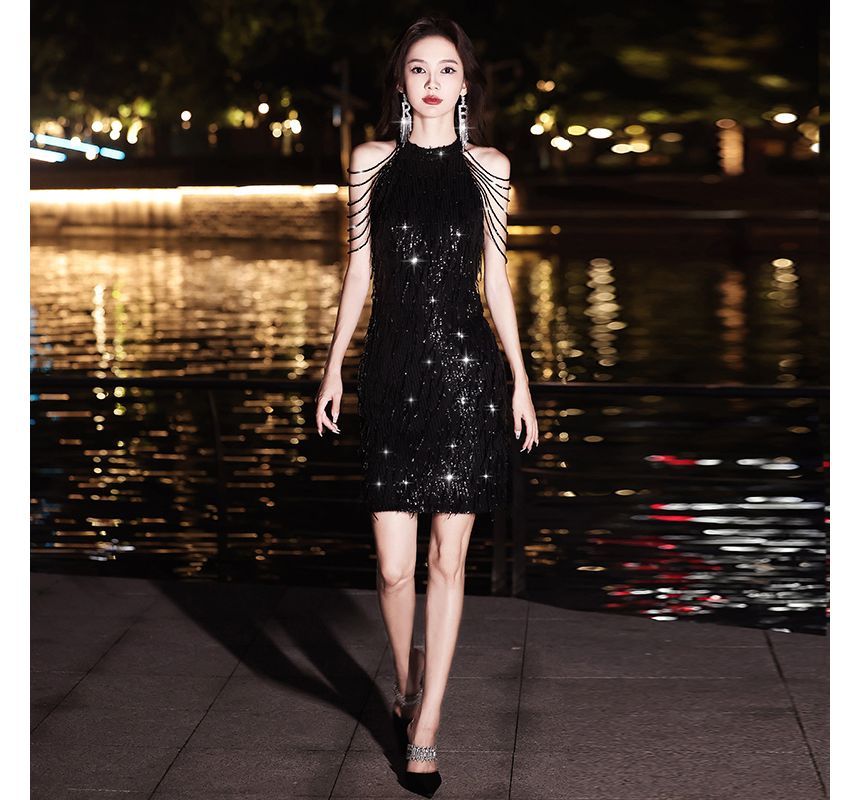 Sleeveless Sequin Mini Evening Sheath Dress