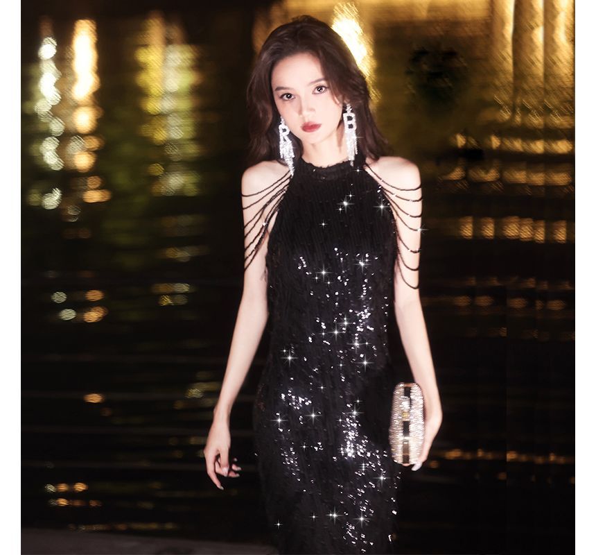 Sleeveless Sequin Mini Evening Sheath Dress