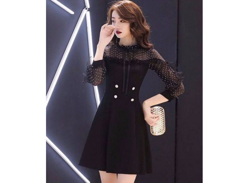 Mock Two-Piece Puff-Sleeve Double-Breasted Ruffled Paneled Mini A-Line Dress