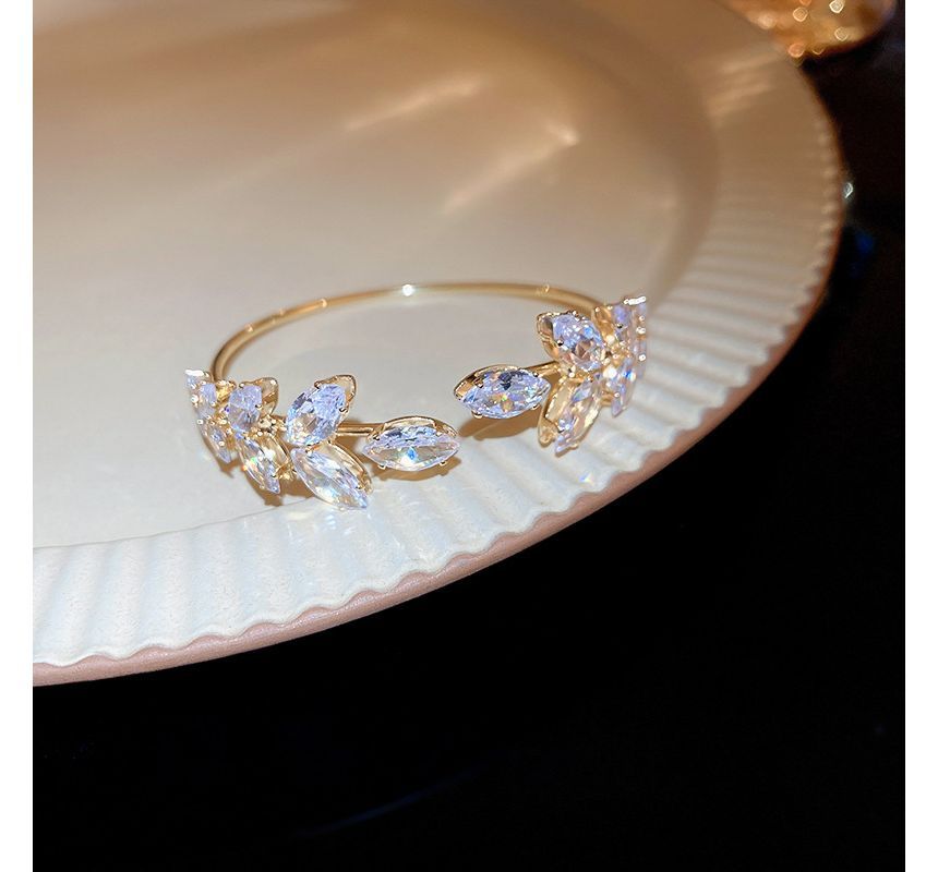 Bangle Open Leaf Rhinestone Alloy