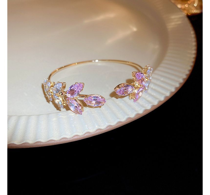 Bangle Open Leaf Rhinestone Alloy