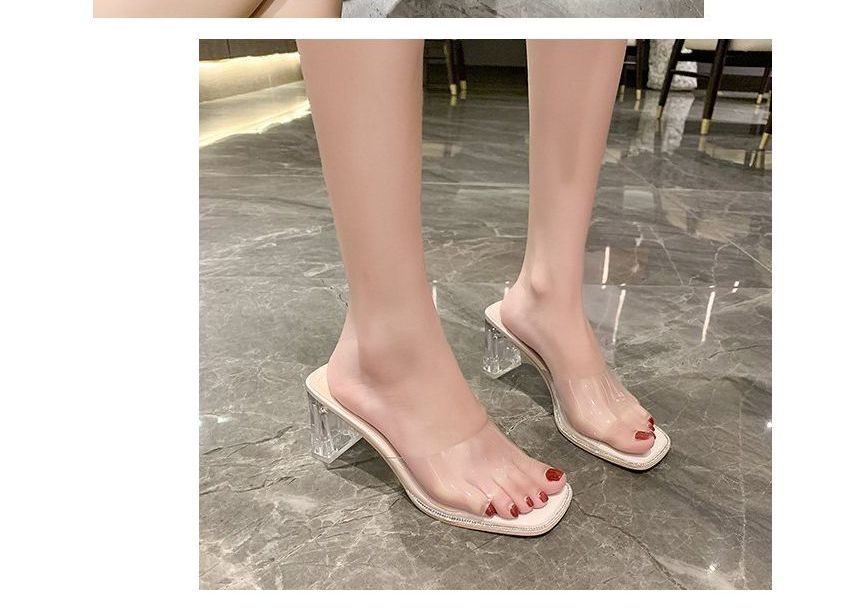 Square-Toe Rhinestone Slide Heel Sandals PVC Strap Block