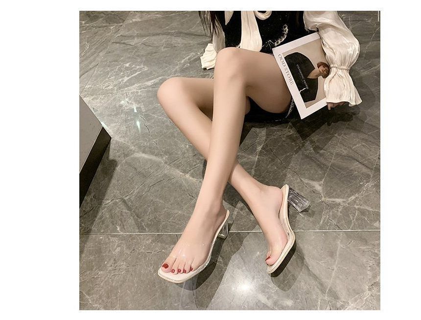 Square-Toe Rhinestone Slide Heel Sandals PVC Strap Block