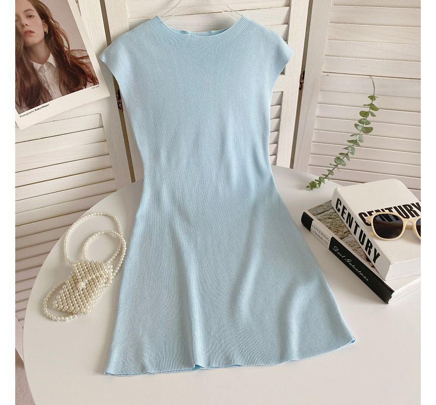 Cap-Sleeve Mock Neck Plain Knit Mini Bodycon Dress